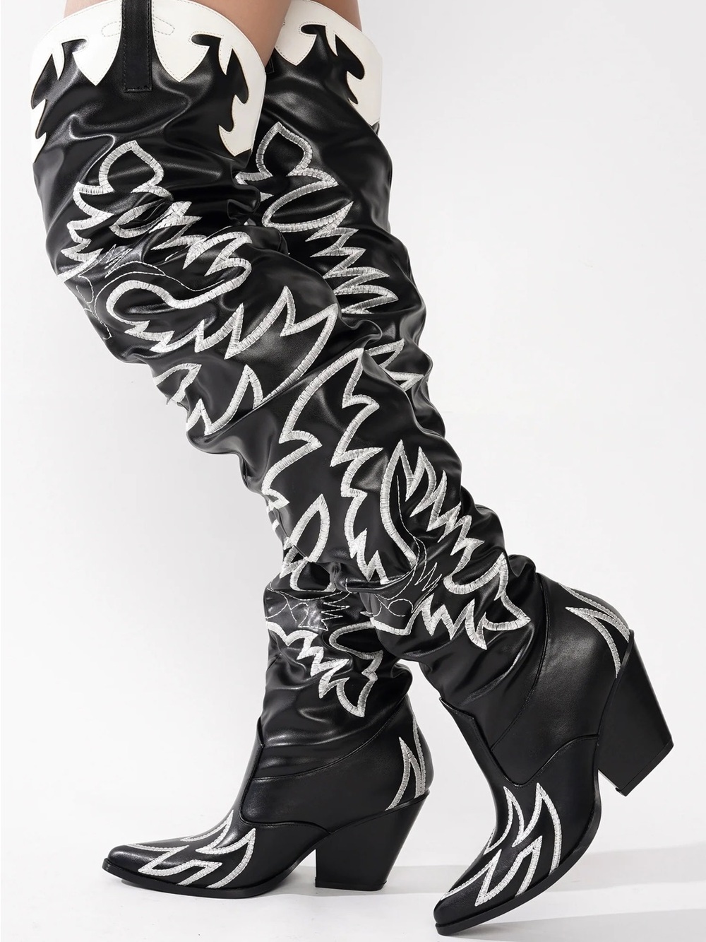 Cape Robbin Black and White thigh high Western Boots - Women's Fashion